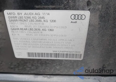 2015 Audi Q5 2.0T Premium из США, поврежденный, VIN WA1LFAFP4FA071933